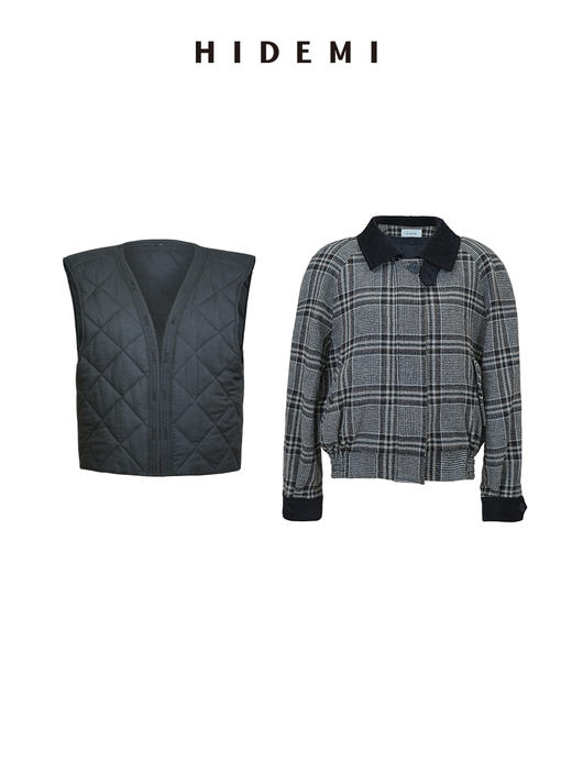 HIDEMI 【戚薇同款】进口色织羊毛粗呢毛呢加宽复古廓形肩型飞行员加棉可拆卸棉服背心两件套大衣外套 商品图12