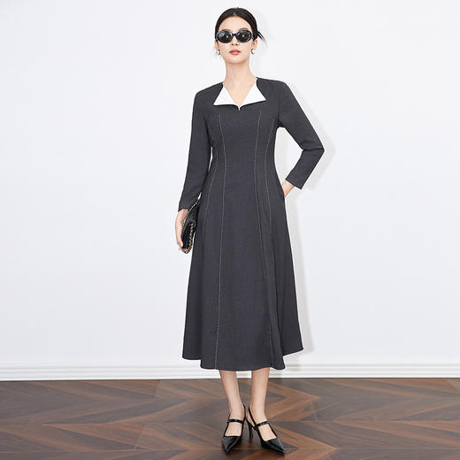 【高货wl】全新升级【铂金会员358/天猫479/差价121】(05421) 洛诗琳小众镂空线法式优雅名媛翻领大摆裙设计感连衣裙 商品图2