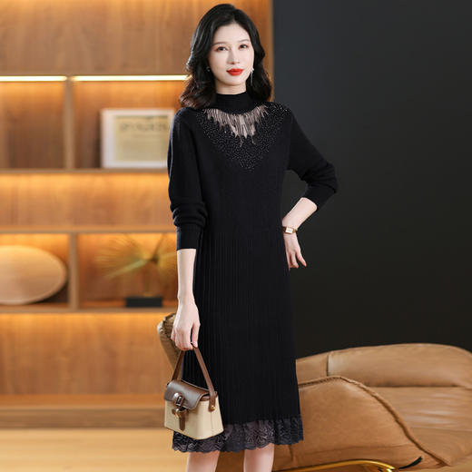 CC-MH-348时尚气质加绒加厚镂空中长款毛衣裙女蕾丝拼接针织连衣裙女 商品图3
