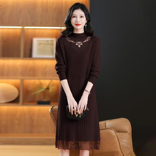 CC-MH-347半高领加绒加厚连衣裙女冬季2024新款配大衣中长款蕾丝打底毛衣裙 商品图4
