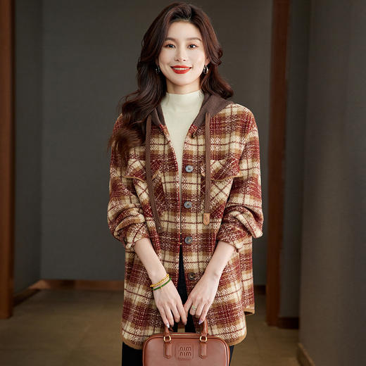 CC-22-186毛呢外套女2024秋冬新款格子连帽韩系大衣中长款呢子外搭小个子女 商品图1