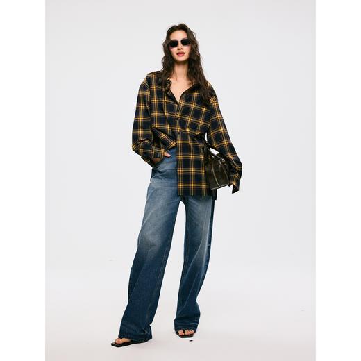 棉仓3561004003-【 都市胶片】 复古黄棕格纹微宽松休闲长袖衬衫 商品图3