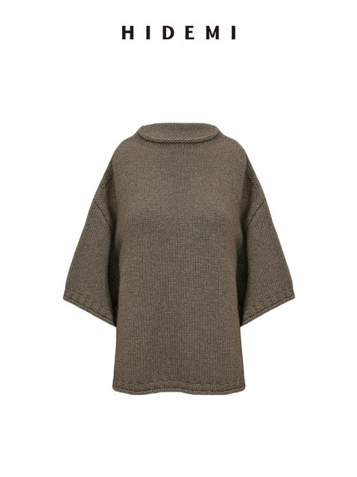 HIDEMI 进口澳洲美利奴羊毛花纱立领短袖粗针极简廓形毛衣半裙套装 毛衣｜茧型半裙 商品图8