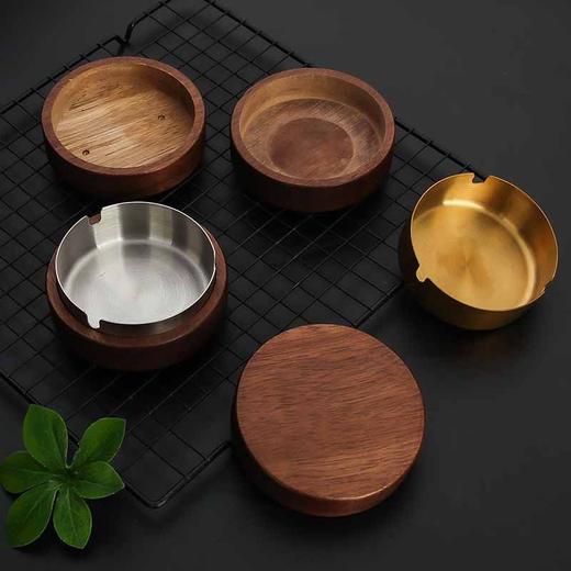 黑色不锈钢烟灰缸家用办公室烟缸带盖防飞灰北欧实木圆形烟盅/个 商品图0