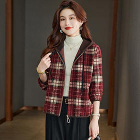 CC-22-213连帽毛呢外套女士秋冬2024新款仿水貂绒加厚格子拉链宽松遮肉开衫