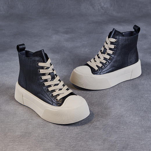 复古真皮短靴厚底百搭高帮，休闲系带女板鞋牛皮马丁单靴 ZM24X981 商品图3