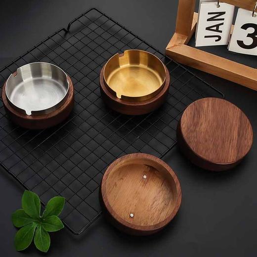 黑色不锈钢烟灰缸家用办公室烟缸带盖防飞灰北欧实木圆形烟盅/个 商品图5