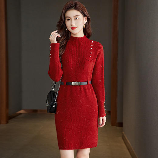 CC-22-205好看半高领毛衣裙女中长款2024秋冬新款遮屁股小个子针织打底裙女 商品图0