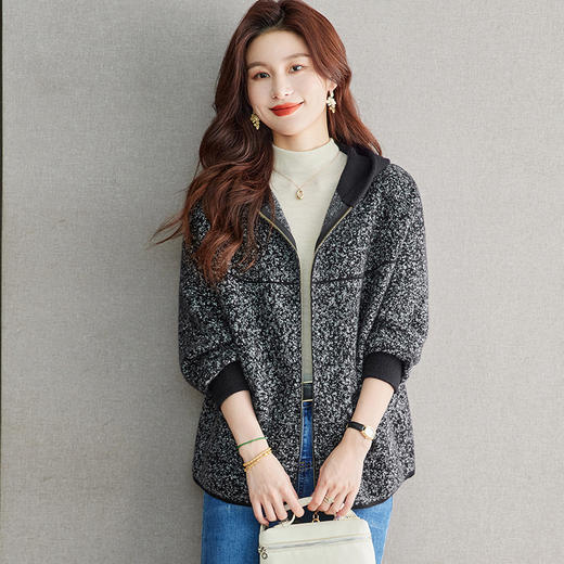 CC-22-216秋冬短外套女士2024新款中年妈妈小个子连帽针织开衫拉链口袋外衣 商品图1