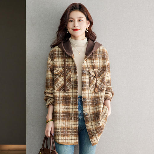 CC-22-186毛呢外套女2024秋冬新款格子连帽韩系大衣中长款呢子外搭小个子女 商品图0