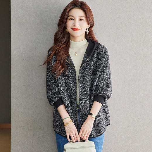 CC-22-216秋冬短外套女士2024新款中年妈妈小个子连帽针织开衫拉链口袋外衣 商品图3