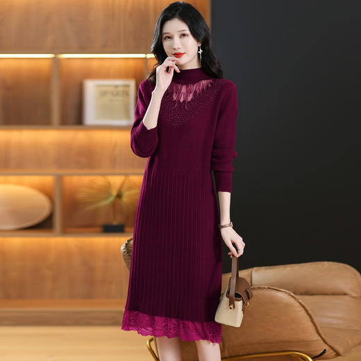 CC-MH-348时尚气质加绒加厚镂空中长款毛衣裙女蕾丝拼接针织连衣裙女 商品图0