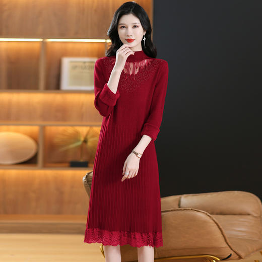 CC-MH-348时尚气质加绒加厚镂空中长款毛衣裙女蕾丝拼接针织连衣裙女 商品图2