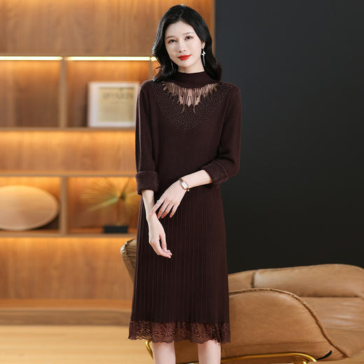 CC-MH-348时尚气质加绒加厚镂空中长款毛衣裙女蕾丝拼接针织连衣裙女 商品图1