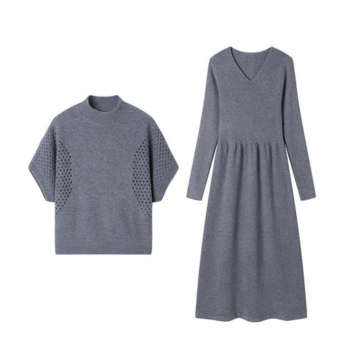 CC-22-207针织连衣裙女秋冬2024新款两件套装裙半高领毛衣马甲中长款打底裙 商品图4