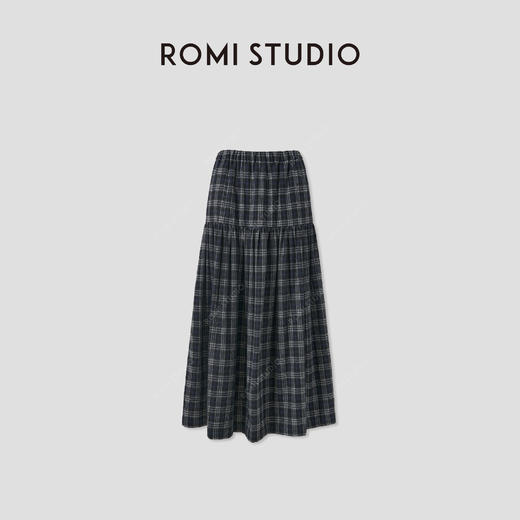 ROMI STUDIO“美式复古”羊毛混纺格纹捏褶松紧A字半裙 RW24WXD0444 商品图0