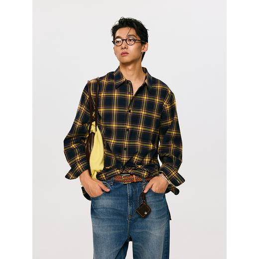 棉仓3561004003-【 都市胶片】 复古黄棕格纹微宽松休闲长袖衬衫 商品图1