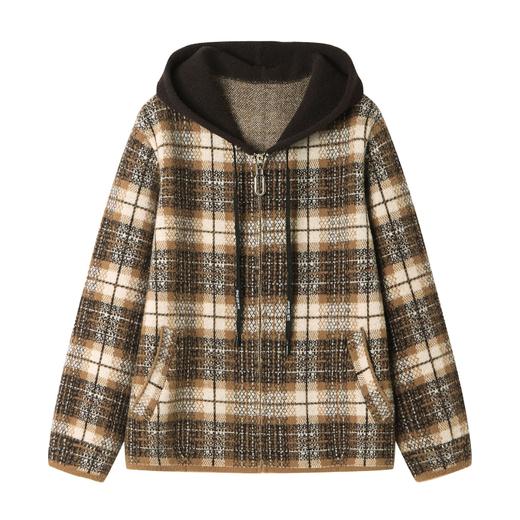 CC-22-213连帽毛呢外套女士秋冬2024新款仿水貂绒加厚格子拉链宽松遮肉开衫 商品图4