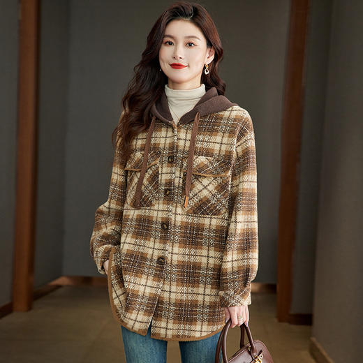 CC-22-186毛呢外套女2024秋冬新款格子连帽韩系大衣中长款呢子外搭小个子女 商品图2