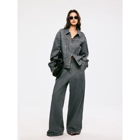 棉仓3561011001-【灰雾楼宇】翻领链式复古灰水洗简约短款牛仔夹克