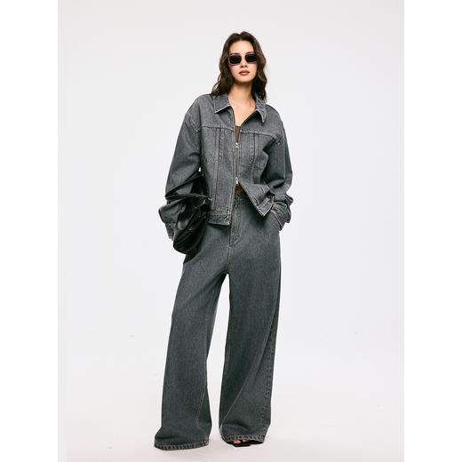 棉仓3561011001-【灰雾楼宇】翻领链式复古灰水洗简约短款牛仔夹克 商品图0