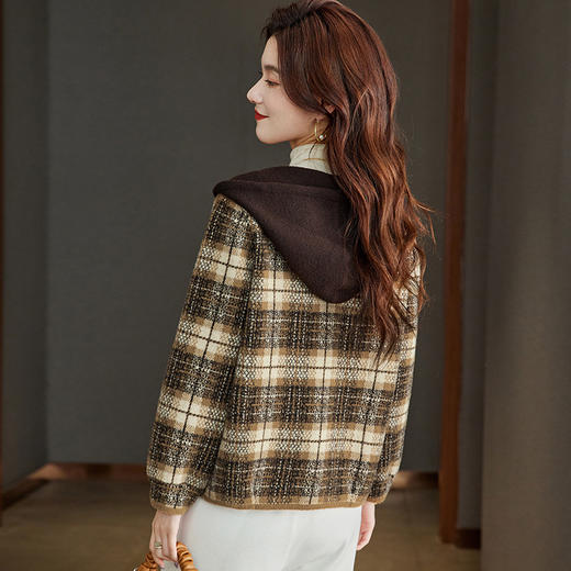 CC-22-213连帽毛呢外套女士秋冬2024新款仿水貂绒加厚格子拉链宽松遮肉开衫 商品图3