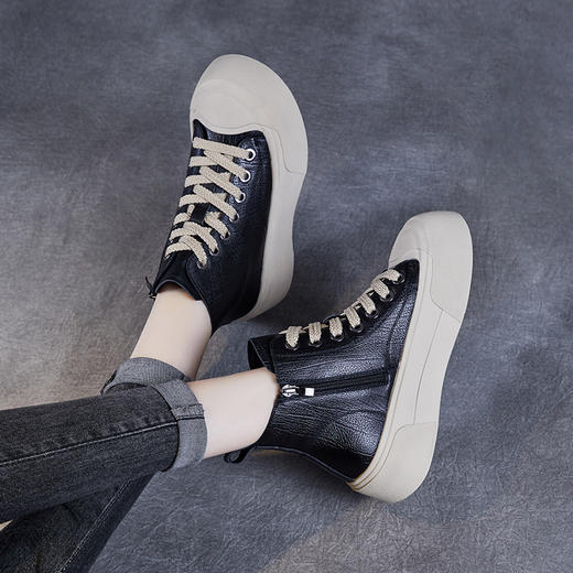 复古真皮短靴厚底百搭高帮，休闲系带女板鞋牛皮马丁单靴 ZM24X981 商品图2