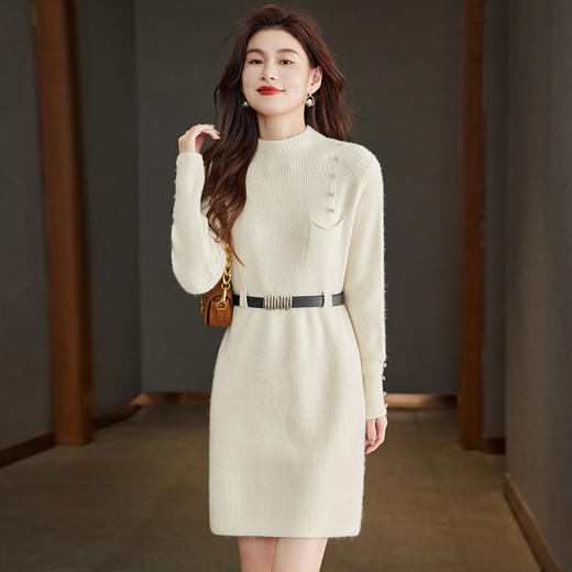 CC-22-205好看半高领毛衣裙女中长款2024秋冬新款遮屁股小个子针织打底裙女 商品图2
