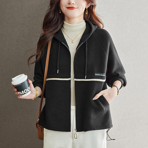 CC-22-212短款毛呢开衫女秋冬2024新款大码胖mm显瘦上衣洋气加厚连帽外套 商品图3