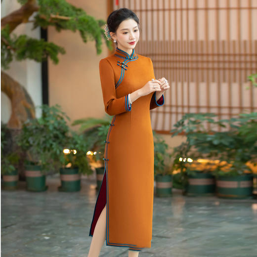 WX-YM-2毛呢旗袍裙复古旗袍敬酒服高端气质款 商品图1