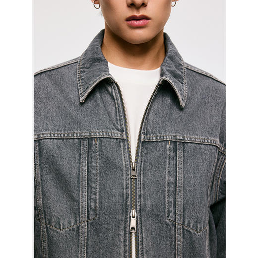 棉仓3561011001-【灰雾楼宇】翻领链式复古灰水洗简约短款牛仔夹克 商品图1