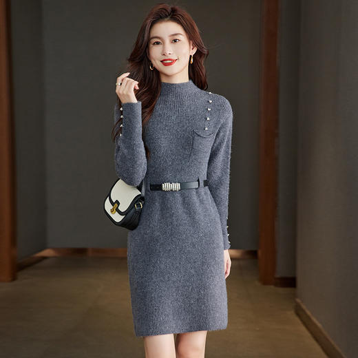 CC-22-205好看半高领毛衣裙女中长款2024秋冬新款遮屁股小个子针织打底裙女 商品图1
