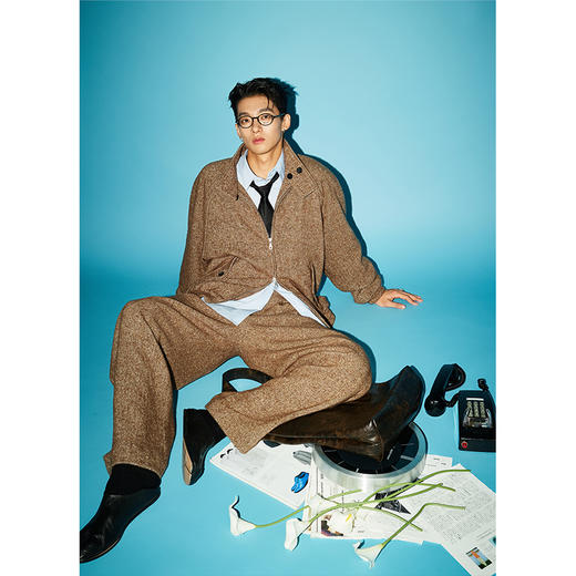 棉仓3571011001-1-【复古频道】 LAB含羊毛立领质感链式宽松插肩袖哈灵顿毛呢夹克 商品图3