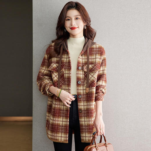 CC-22-186毛呢外套女2024秋冬新款格子连帽韩系大衣中长款呢子外搭小个子女 商品图3