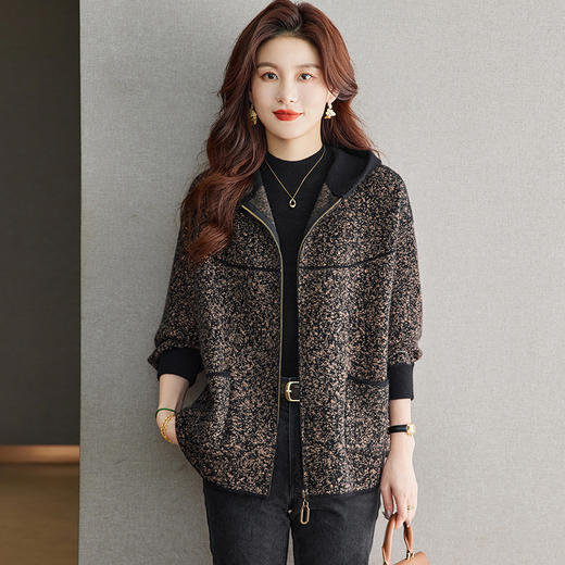 CC-22-216秋冬短外套女士2024新款中年妈妈小个子连帽针织开衫拉链口袋外衣 商品图0