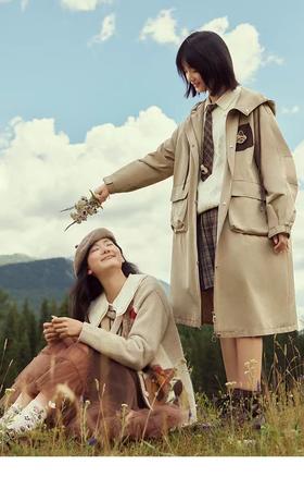 【内购会】紫涵抽绳连帽中长款风衣女日系学院风宽松休闲