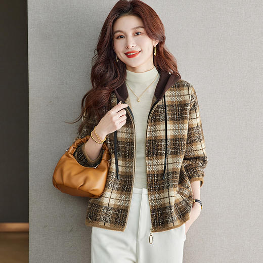 CC-22-213连帽毛呢外套女士秋冬2024新款仿水貂绒加厚格子拉链宽松遮肉开衫 商品图2