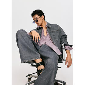 棉仓3561019001-【设计师合作版】灰雾楼宇  单褶复古灰水洗阔腿长款牛仔裤