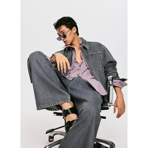 棉仓3561019001-【设计师合作版】灰雾楼宇  单褶复古灰水洗阔腿长款牛仔裤 商品图0