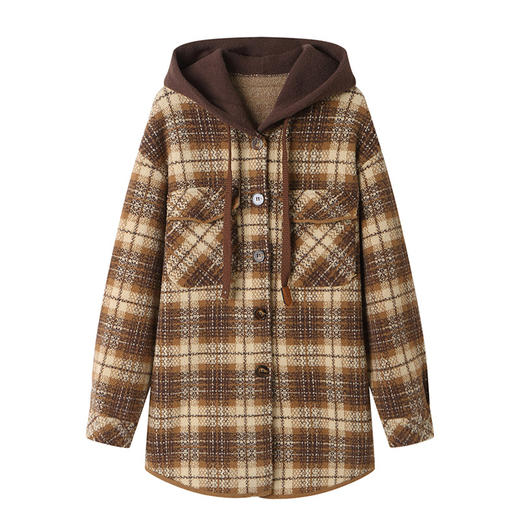 CC-22-186毛呢外套女2024秋冬新款格子连帽韩系大衣中长款呢子外搭小个子女 商品图4