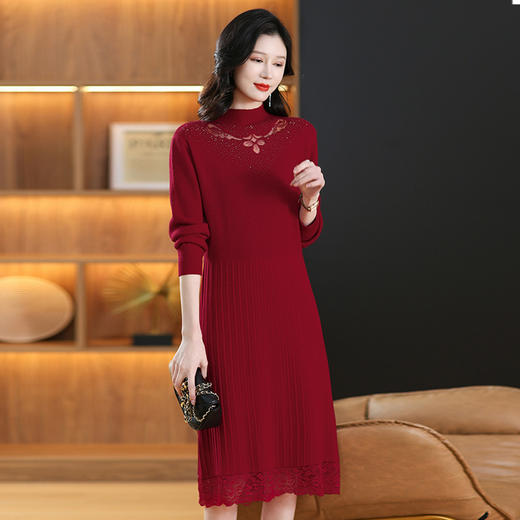 CC-MH-347半高领加绒加厚连衣裙女冬季2024新款配大衣中长款蕾丝打底毛衣裙 商品图2