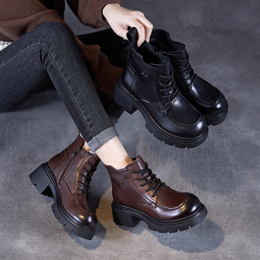 舒适真皮厚底马丁靴，松糕底头层小牛皮短靴粗跟靴子ZM258085 商品图1