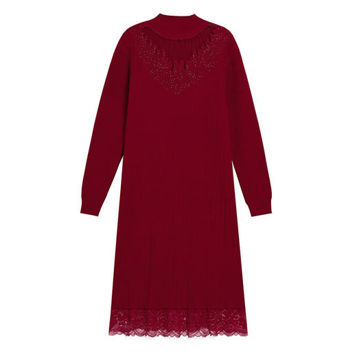 CC-MH-348时尚气质加绒加厚镂空中长款毛衣裙女蕾丝拼接针织连衣裙女 商品图4