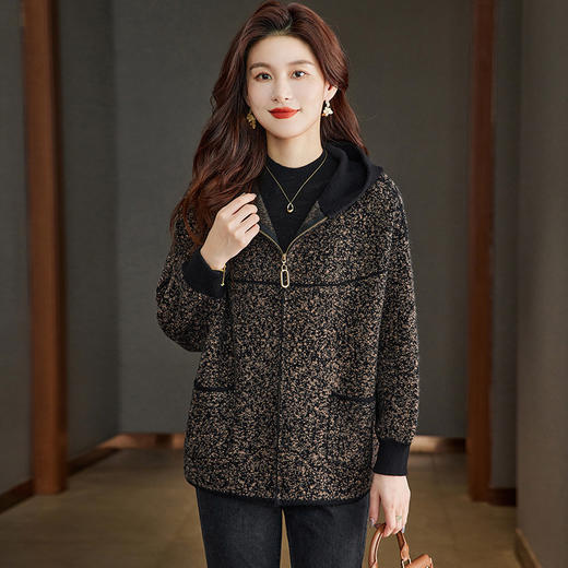 CC-22-216秋冬短外套女士2024新款中年妈妈小个子连帽针织开衫拉链口袋外衣 商品图2