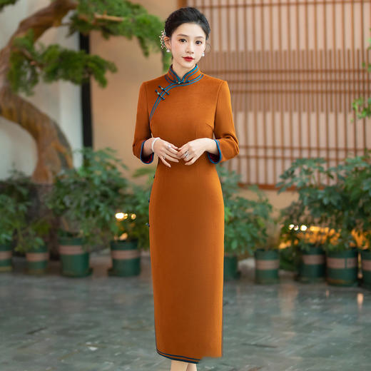 WX-YM-2毛呢旗袍裙复古旗袍敬酒服高端气质款 商品图0