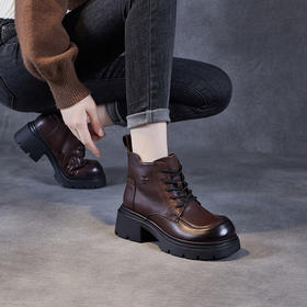 舒适真皮厚底马丁靴，松糕底头层小牛皮短靴粗跟靴子ZM258085