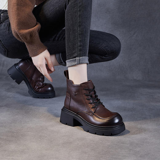 舒适真皮厚底马丁靴，松糕底头层小牛皮短靴粗跟靴子ZM258085 商品图0