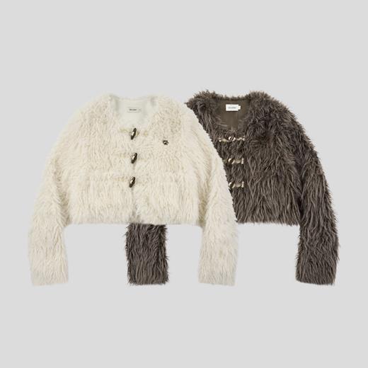 GOODBAI GBlogo金属标圆领短款长毛牛角扣外套 商品图1