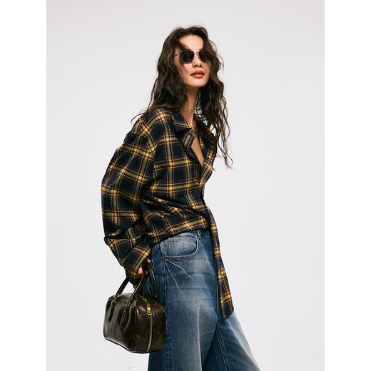 棉仓3561004003-【 都市胶片】 复古黄棕格纹微宽松休闲长袖衬衫 商品图0