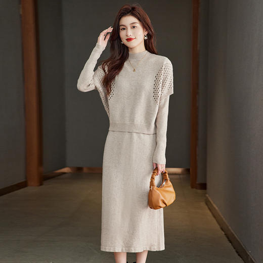 CC-22-207针织连衣裙女秋冬2024新款两件套装裙半高领毛衣马甲中长款打底裙 商品图3